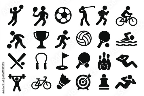 Sports and leisure silhouette icon set with recreation, games, exercise, and fitness activities collection. Vector cartoon illustrations with transparent background in ordered set.