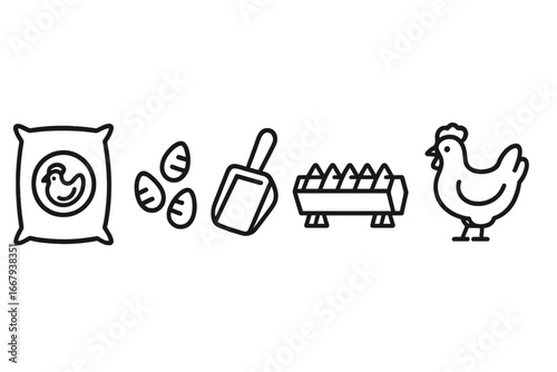 Poultry feeding icon set. Chicken, hen, feed sack, corn, grain, scoop, trough feeder icons. Farming, agriculture, livestock, animal husbandry. Vector outline illustration.