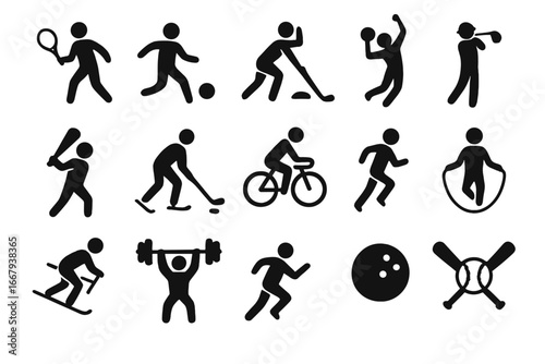 Sports and Leisure Silhouette Icon Set, Recreation and Exercise Vector Collection with Transparent Background, Cartoon Style, Active Game and Fitness Symbols