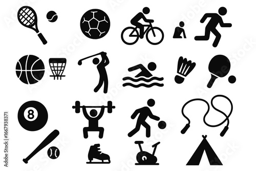 Sports and leisure silhouette icon set with recreation, game, exercise figures and equipment, vector cartoon illustration with transparent background, fitness and outdoor activity symbols