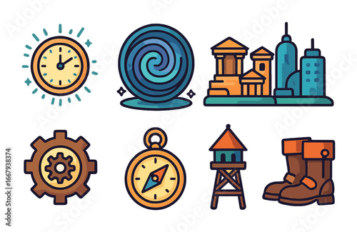 Time Travel Illustrations. Flat vector mini-illustrations time travel adventure in colors children's