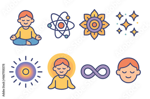Quantum Meditation Icons. Flat vector mini-illustrations meditation in quantum space in colors children's
