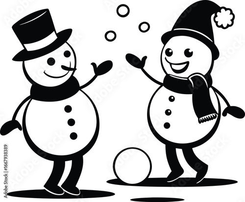 Snowmen Children Tossing Snowballs Playfully