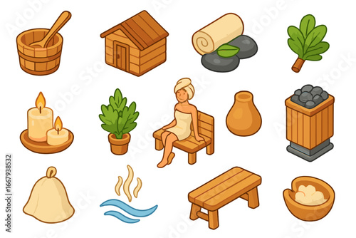 Sauna and wellness icons set - isometric relaxing spa and bathhouse vector cartoon illustrations with transparent background, including sauna stones, towels, herbs, bench, and accessories