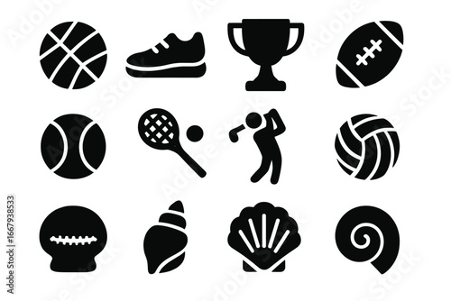 Sports and ocean shells solid icon set, athletic and marine themed vector icons, versatile design for sports and beach graphics, black silhouette symbols collection
