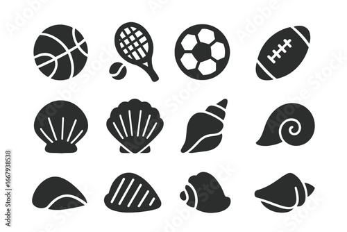 Sports and ocean shells solid icon set, versatile athletic and beach-themed vector cartoon illustrations with transparent background, ordered diverse icons collection