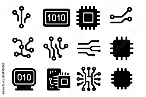 Technology and Computing Solid Icon Set with Circuit, Digital Chip, Processor, Binary Code Elements, Electronic Components Vector Collection, Cartoon Style Transparent Background, Ordered Set