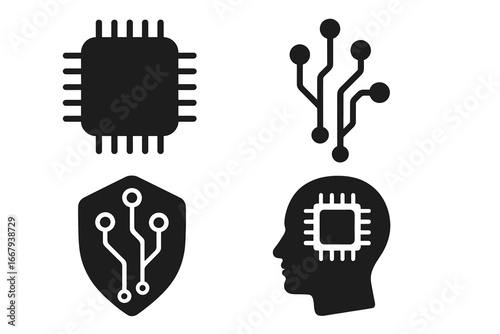 Technology silhouette icon set with microchip, circuit, cyber and AI brain symbols in minimal vector cartoon style, high-tech digital electronics concept, transparent background