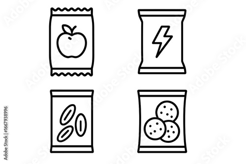 Snack packaging line icon set, healthy and energy snacks in modern line style, vector cartoon illustration with transparent background, ordered collection of nutritious snack bags icons