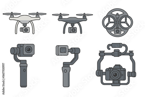 Various drone models and advanced camera stabilization equipment showcased in flat vector illustrations, including quadcopters, handheld gimbals, and professional camera rigs.
