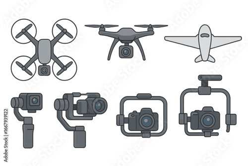 Various Drone Designs and Camera Stabilization Equipment in Flat Vector Illustrations, Modern Quadcopters, Aerial Photography Drones, Gimbals, Action Cameras, and Professional Camera Stabilizers