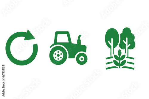 Sustainable farming icons solid filled vector set including green crop rotation symbol, tractor, and agroforestry illustration for eco-friendly agriculture and land management