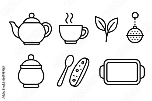 Tea time icons outline set. Collection of tea ceremony symbols including teapot, teacup, tea leaves, infuser, sugar bowl, teaspoon, biscotti, and serving tray. Vector illustration.
