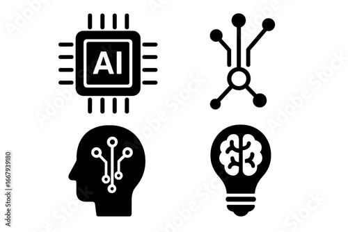 Technology and AI solid icon set with microchip, circuit, innovation symbols, digital brain silhouette, and smart idea light bulb, vector cartoon illustration collection