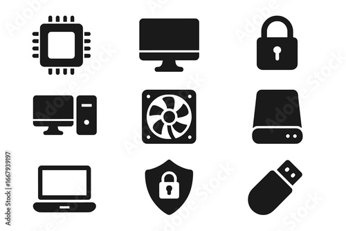 Technology hardware solid icon set including microchip, computing devices, cybersecurity symbols, and electronic components in vector cartoon style with transparent background, ordered collection