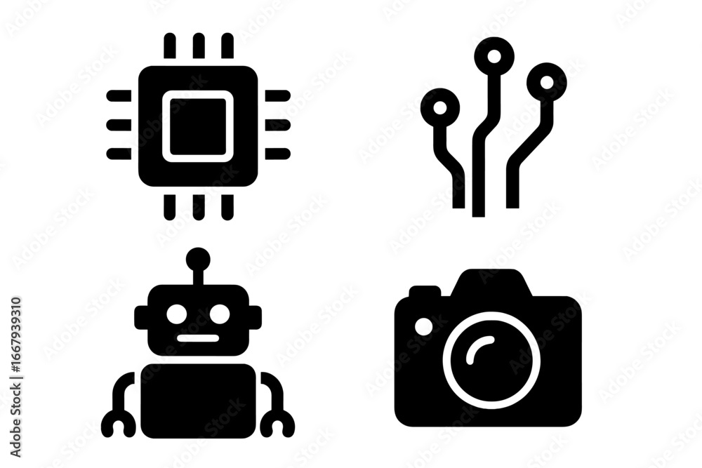 Fototapeta premium Technology solid icon set with chip, circuit, robot, camera icons. Vector cartoon illustration with transparent background. Modern tech symbols collection for design.