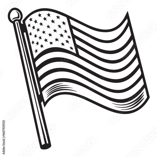 A waving American flag on a pole depicted in a classic black and white silhouette style