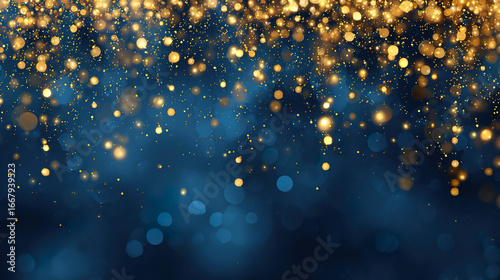 Abstract dark blue and gold particle background with Christmas golden light bokeh, shining particles on navy blue, gold foil texture, festive holiday concept