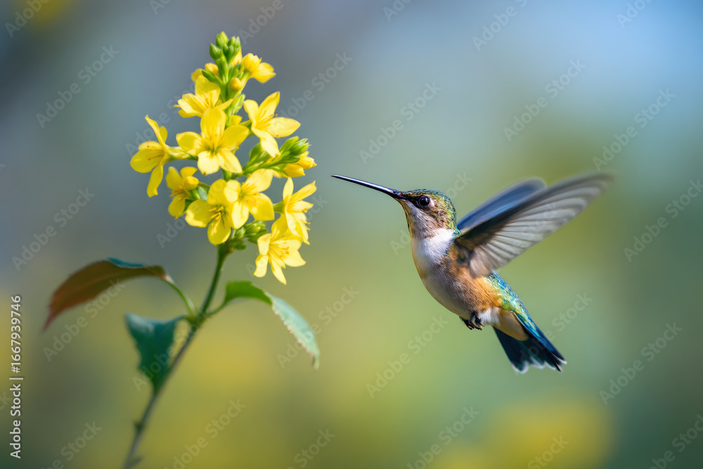 Fototapeta premium Hummingbird at Yellow Flowers Delicate Beauty Nature in Motion