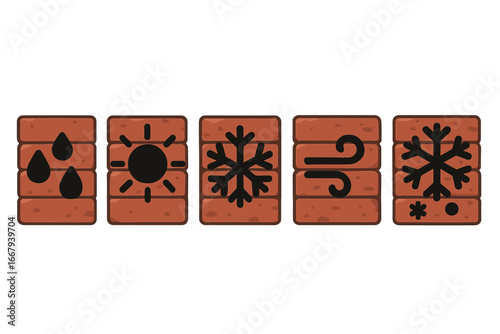 Weather icons on brick wall background, solid filled vector set of weather effects including rain drops, sun rays, frost, wind gusts, snowflakes, cartoon style illustration
