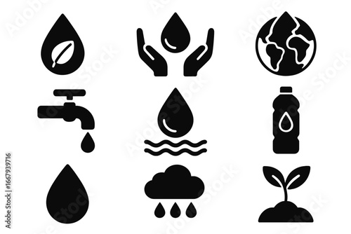 Water and Environment Solid Icon Set, Conservation and Hydration Symbols Collection, Vector Cartoon Illustration with Transparent Background, Eco-Friendly and Sustainable Design