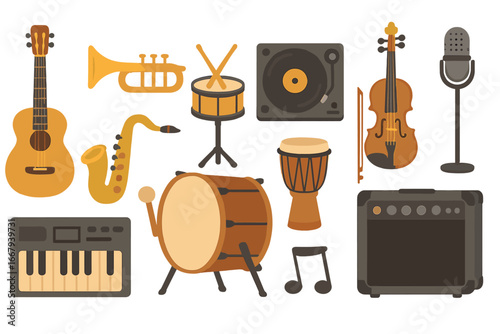 Diverse collection of musical instruments and equipment including guitar, trumpet, drums, saxophone, keyboard, violin, microphone, and amplifier in colorful vector cartoon illustration