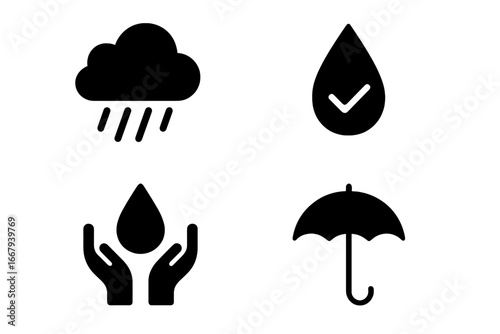 Weather and Safety Solid Icon Set Featuring Rain, Water Conservation, Protection Symbols Collection, Vector Cartoon Illustrations with Transparent Background, Ordered Set 3