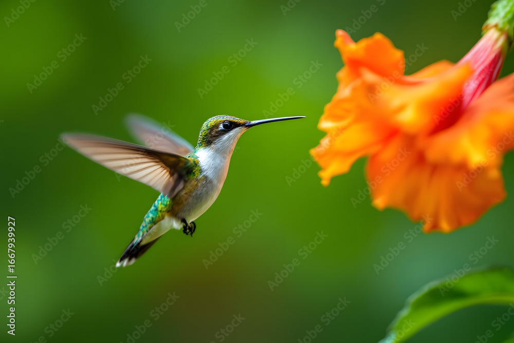 Fototapeta premium Hummingbird Hovering Near Vibrant Orange Hibiscus Flower Delightful Moment