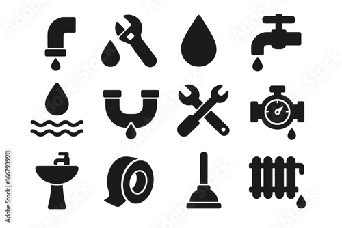 Water and Plumbing Solid Icon Set with Leak, Repair, Drop, Faucet, Tools, Sink, Tape, Plunger, Radiator and Valve Symbols. Vector Cartoon Illustration Transparent Background