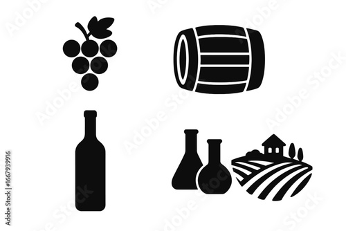 Wine and vineyard silhouette icon set with grapes, barrel, bottle, laboratory flasks, and countryside vineyard scene, vector cartoon illustrations with transparent background, ordered collection