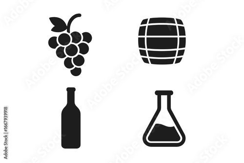 Wine and Vineyard Silhouette Icon Set with Grapes, Barrel, Bottle, Flask, and Laboratory Symbols, Vector Cartoon Illustration, Transparent Background, Ordered Set
