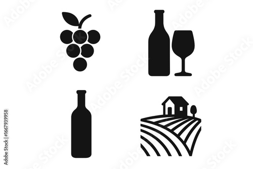 Wine and Winery Silhouette Icon Set with Grapes, Bottle, Vineyard, and Glass Black Vector Icons. Classic Cartoon Style Illustration with Transparent Background for Vineyard and Wine Branding