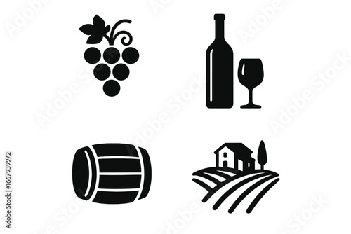 Wine and Winery Silhouette Icon Set with Grapes, Bottle, Wine Glass, Barrel, and Vineyard Landscape, Black Vector Cartoon Illustration in Transparent Background for Beverage and Vineyard Design