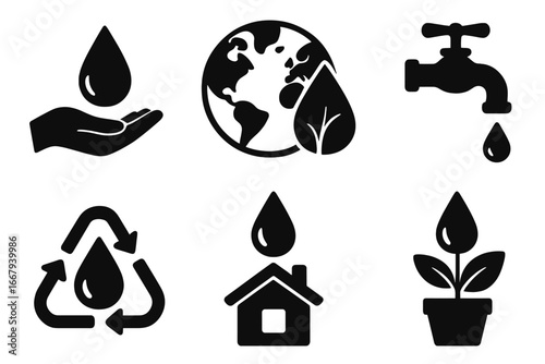 Water conservation silhouette icon set with eco-friendly and sustainability symbols, vector cartoon illustration of water saving, recycling, earth, plant growth, home and faucet icons