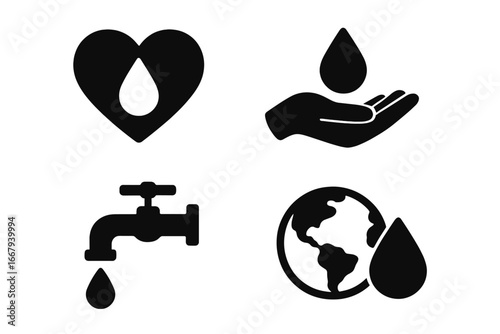 Water Conservation Silhouette Icon Set, Eco-Friendly Sustainability Symbols, Clean Water Saving Drops, Faucet and Earth Vector Cartoon Illustrations with Transparent Background, Ordered Set 3