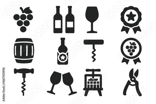 Wine and Winery Icon Set with Grapes, Bottles, Glasses, Corkscrews, Barrels, Awards, and Vineyard Tools – Solid Black Vector Cartoon Illustration Collection with Transparent Background
