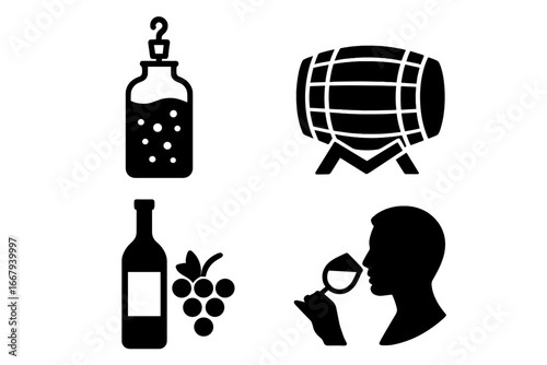 Wine production silhouette icon set with fermentation, aging, grape bottle, and wine tasting symbols collection, vector cartoon illustration with transparent background, ordered set