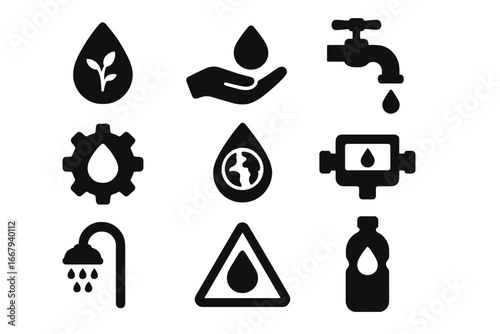 Water Conservation Solid Icon Set, Sustainability and Usage Symbols, Water Saving and Eco-Friendly Vector Cartoon Illustrations, Transparent Background, Ordered Icon Collection