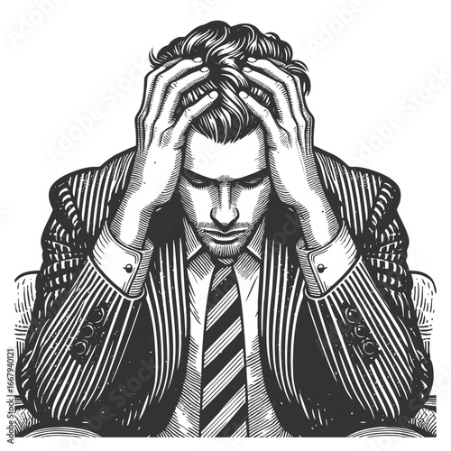 businessman in a suit holding his head in frustration, symbolizing stress and pressure sketch engraving generative ai fictional character vector illustration. Scratch board. Black and white image.