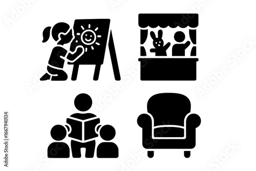 Youth Activities Icons Solid Filled Vector Set of Family and Kids Entertainment, Art Drawing, Puppet Show, Story Time Reading, Cozy Chair Illustration, Vector Cartoon