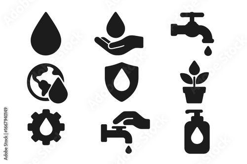 Water conservation solid icon set, sustainability and water usage saving symbols collection, vector cartoon illustration with transparent background, ordered set 4