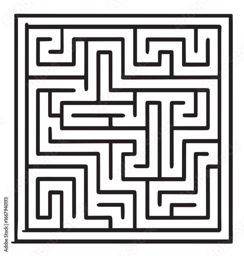 A complex black and white square maze with intricate pathways and dead ends presented as a clean silhouette