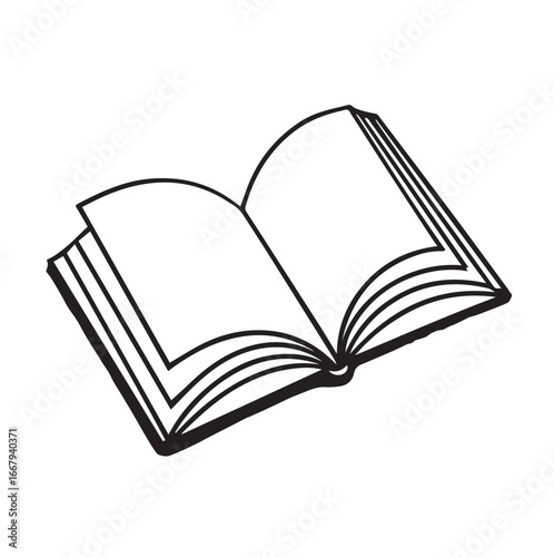 An open book with blank pages depicted in a simple black and white line drawing silhouette style suggesting knowledge and learning