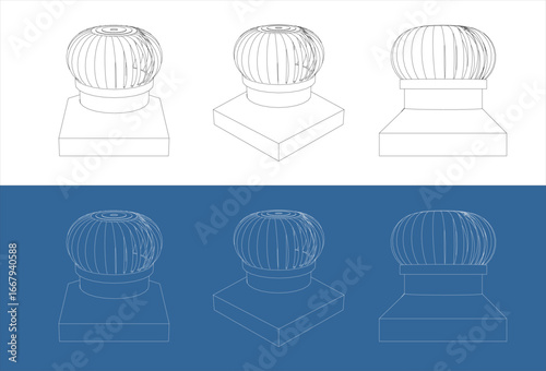 Set Blueprint warehouse Roof Turbine Ventilator from three different angles