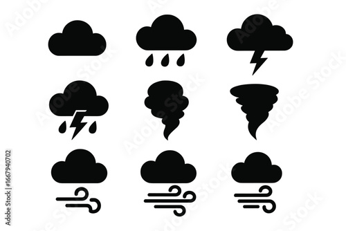 Weather silhouette icon set with clouds, storms, rain, lightning, tornadoes, wind gusts, flat design collection, vector cartoon illustration, transparent background, ordered set