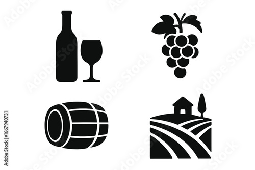 Wine and Vineyard Silhouette Icon Set Featuring Winery Elements, Grape Harvest, Barrel, Bottle, and Glass Symbols, Vector Cartoon Illustration with Transparent Background, Ordered Set