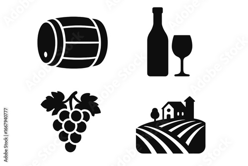 Wine and Vineyard Silhouette Icon Set, Winery Elements with Grape Harvest, Barrel, Bottle, Glass, and Vineyard Landscape, Vector Cartoon Illustration with Transparent Background