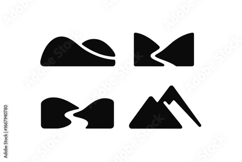 Minimalist landscape icon set. Abstract nature symbols collection of mountains, hills, and rivers. Solid black vector logo elements for travel, outdoor, or eco branding concepts.
