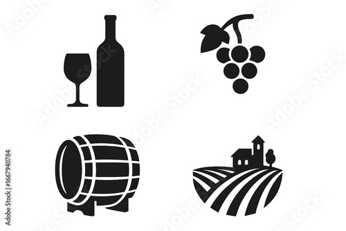 Wine and vineyard silhouette icon set featuring winery, grape harvest, barrel, wine bottle, and glass. Vector cartoon illustration with transparent background, vintage vineyard elements.