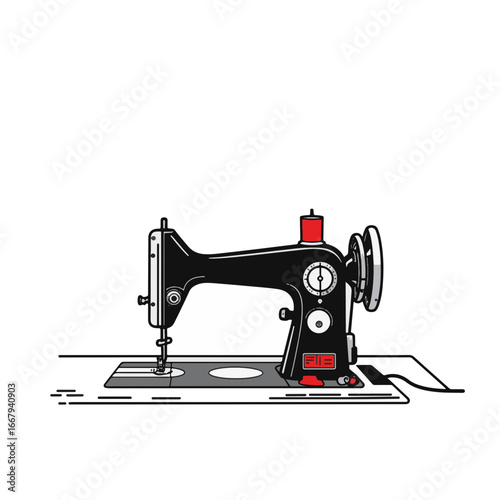 Old sewing machine in minimalist black and white with red accent, nostalgia